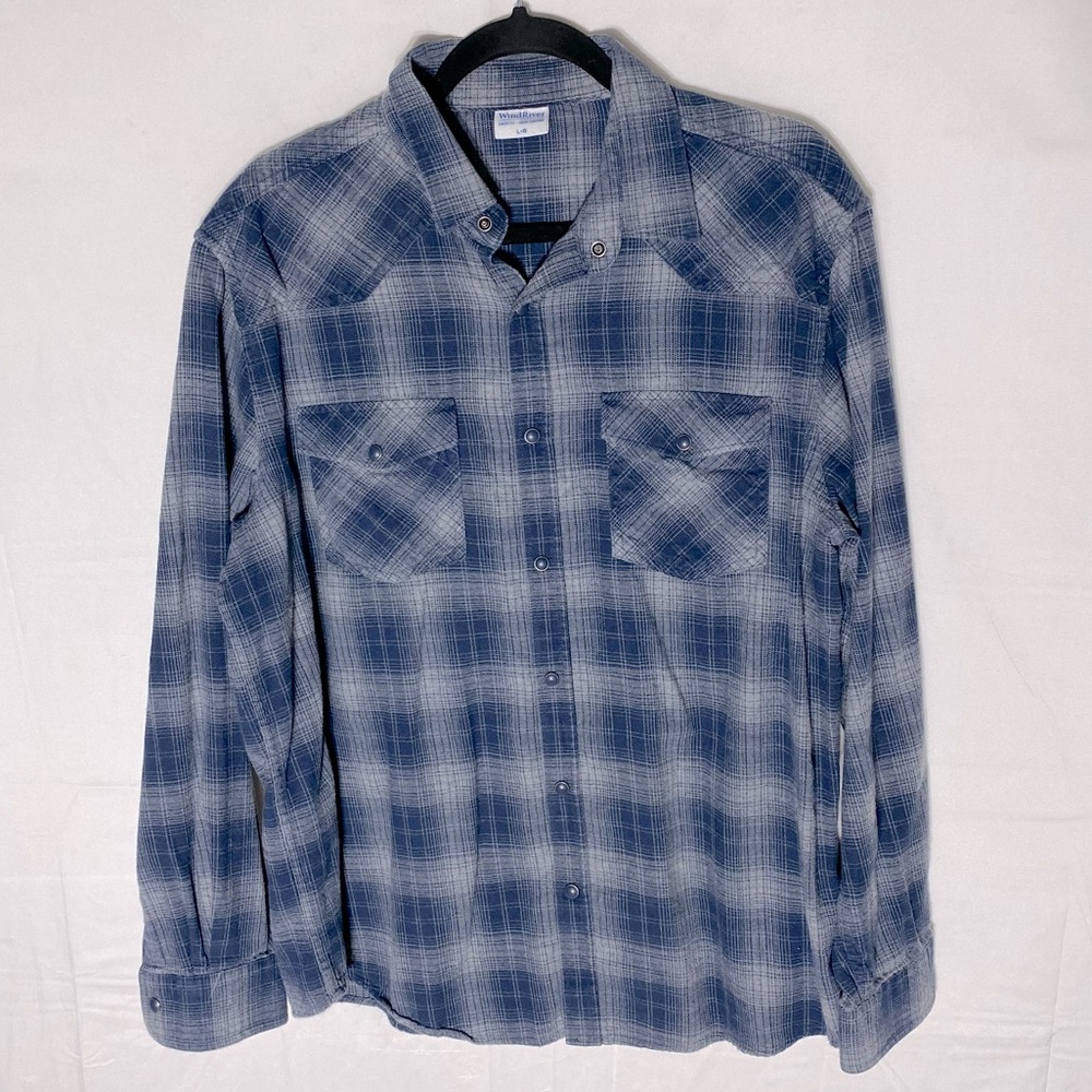Wind River Blue Grey Cotton Plaid Long Sleeve Button Up Shirt L
